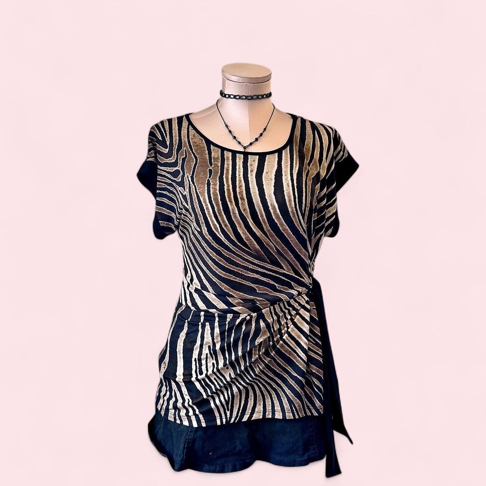Y2K black & beige zebra print top with a flattering ruched side tie